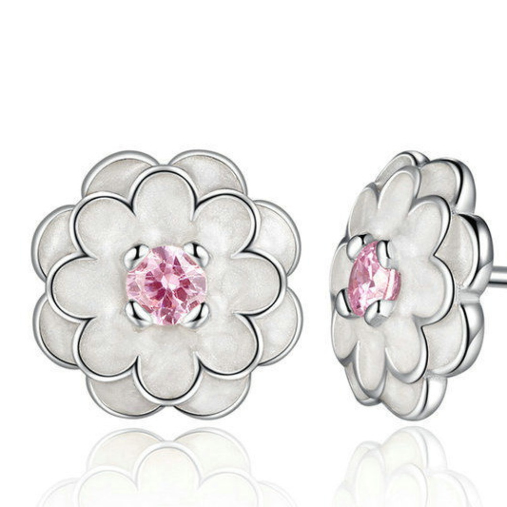 White Flower 3MM Pink CZ Center Enamel 925 Silver